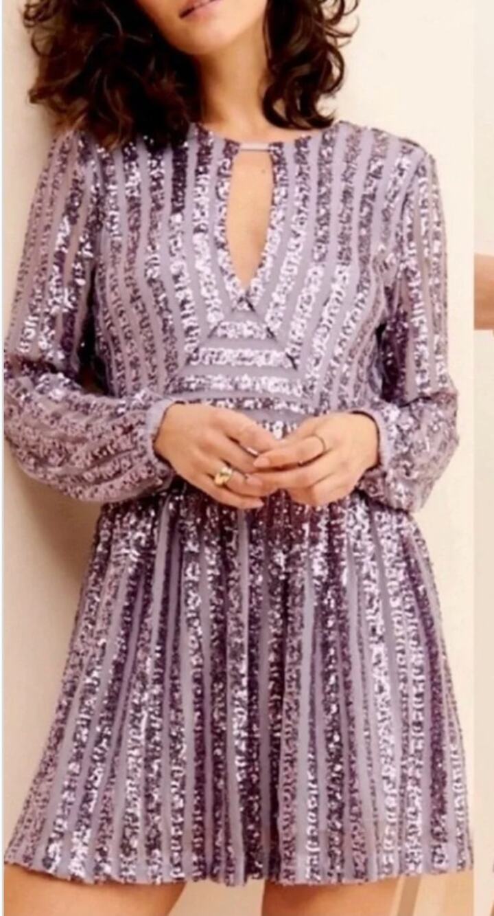 Anthropologie Open Back Long Sleeve Sequin Mini Dress Lilac Purple 4